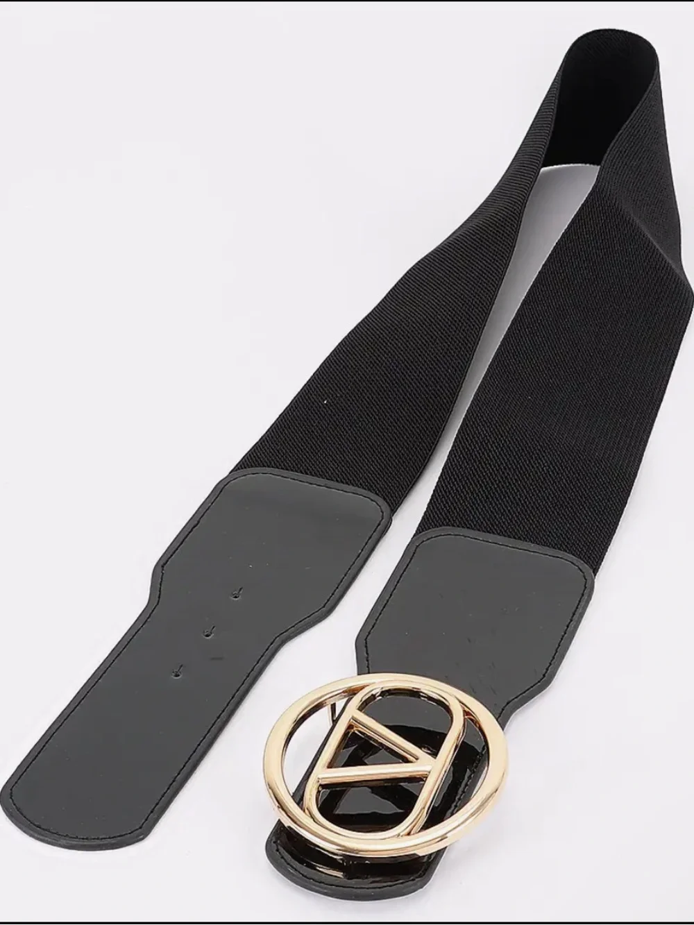 Black Patent Wide Waist Belt with Gold V Logo Buckle